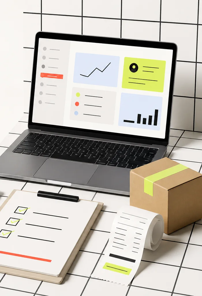 Herramientas digitales de una pyme: ordenador, móvil, lista de tareas y paquete