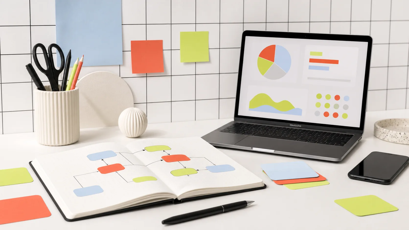 Cuaderno con un mapa de proceso y tarjetas de colores junto a un portátil