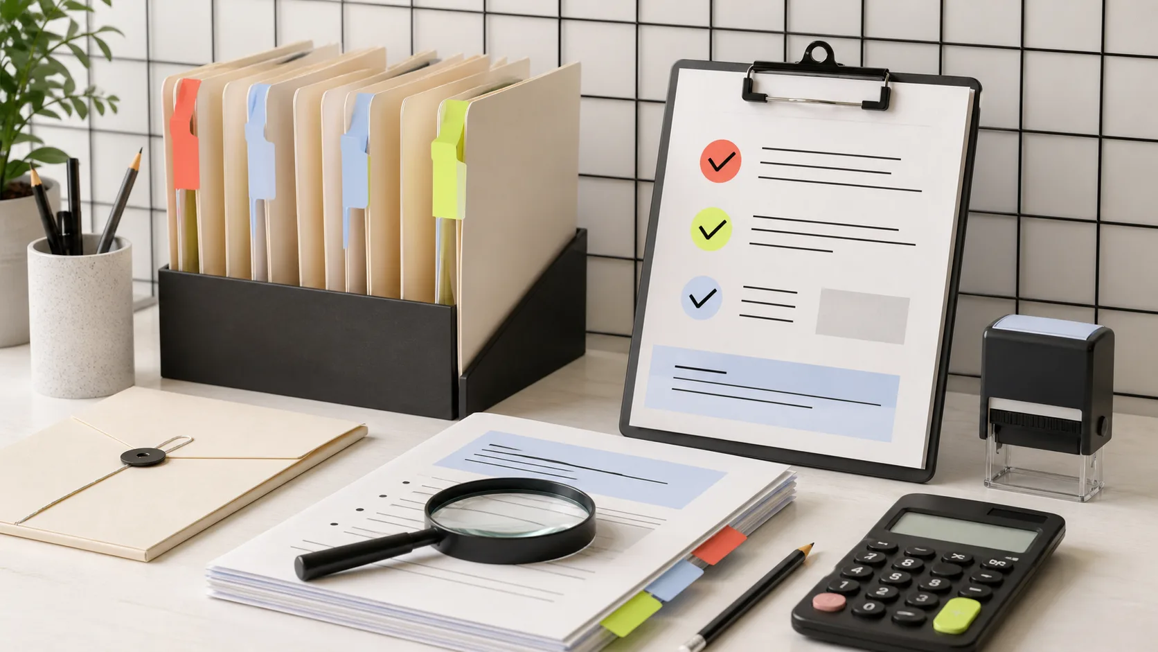 Documentos genéricos, carpetas y lupa para revisar un expediente